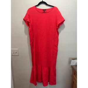 For Cynthia Red Gauze Midi Dress Short Sleeve‎ Ruffle Hem Casual Summer M Cotton